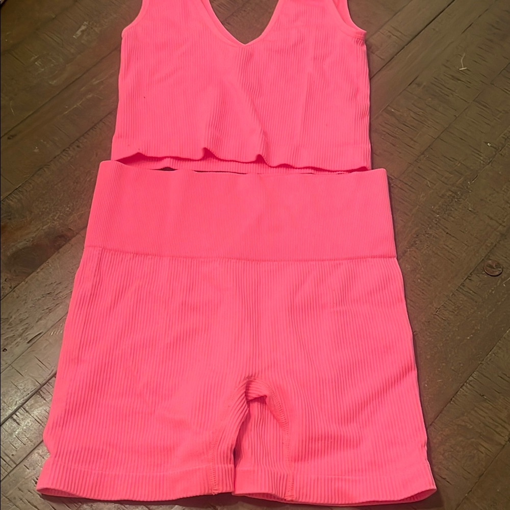 Pink Ribbed Shorts Set